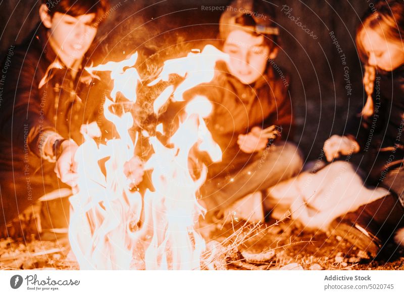 Group of young friends camping and burning a wood fire beauty girl group light holiday outdoor relax night sitting happy bonfire fun nature enjoy people person