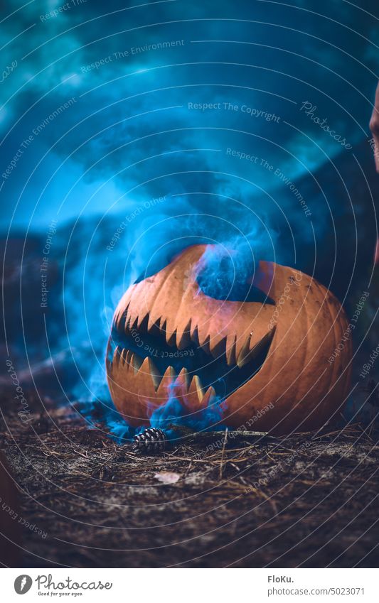 scary halloween pumpkin with blue smoke from eyes Hallowe'en Pumpkin Eerie spooky Spooky Creepy Fear Autumn Night Orange Dark Decoration Mysterious