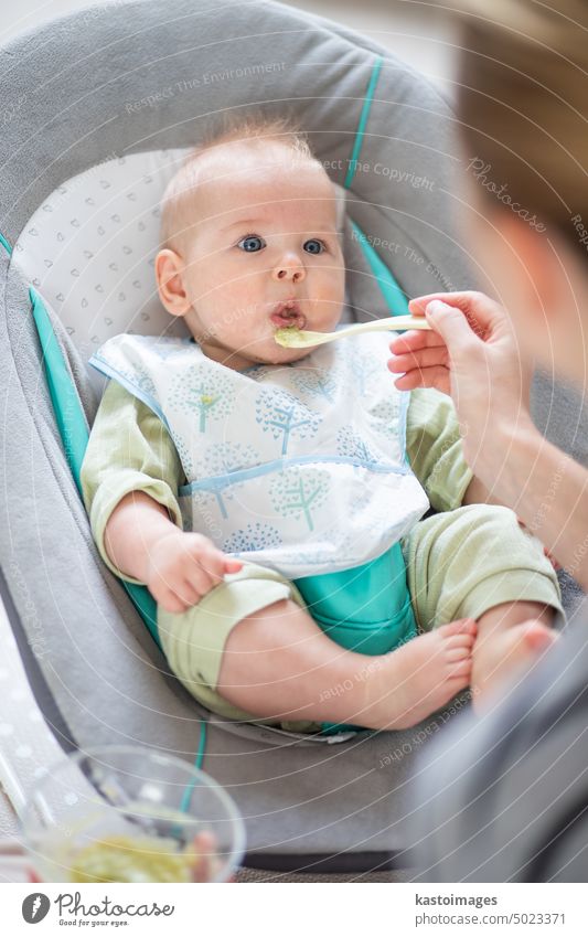 Mother spoon feeding her baby boy infant child in baby chair with fruit puree. Baby solid food introduction concept. healthy nutrition eating cute hungry dinner