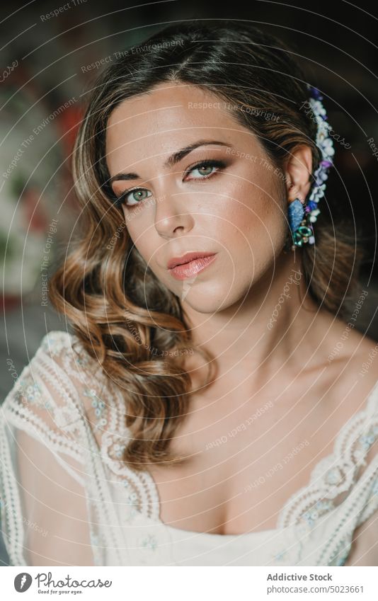 Charming attractive young woman in dress charming wedding lady headband hair makeup beautiful passionate female romantic elegant look marriage celebration