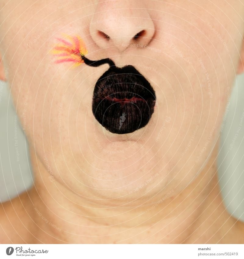 high explosive mouth Human being Feminine Face Mouth Lips 1 30 - 45 years Adults Emotions Make-up Bomb Explosive Painted Funny Idea Rousing Terrific