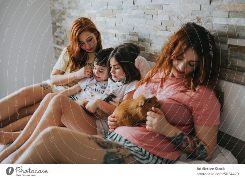 Women And Children With Guinea Pigs Resting On Bed woman bed family indoors bedroom happiness animal care cheerful children comfort comfortable cozy domestic