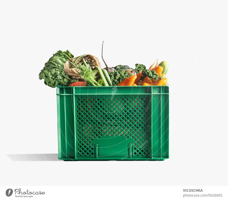 Organic vegetables box at white background. Food box delivery organic food box nobody retail shopping green object supermarket harvest package service grocery
