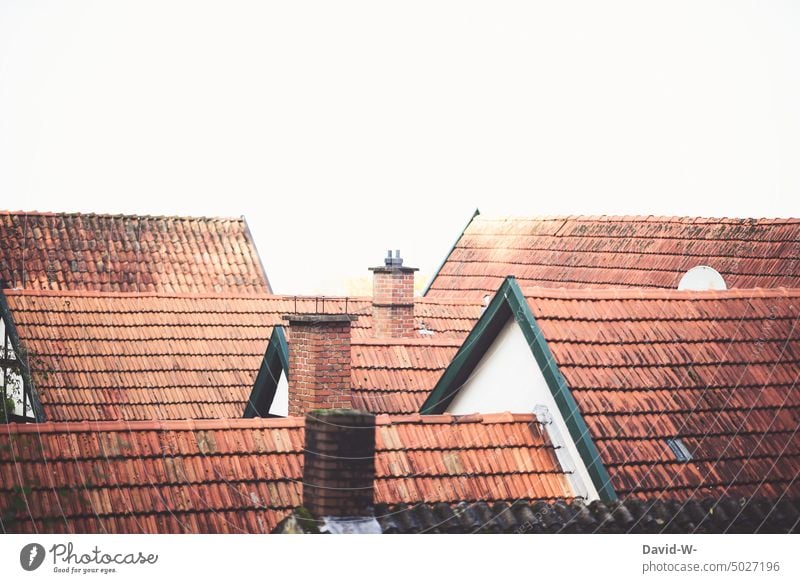 above the roofs chimneys Old roof tiles rooftop landscape Half-timbered houses Sky Tall Above Architecture Old town