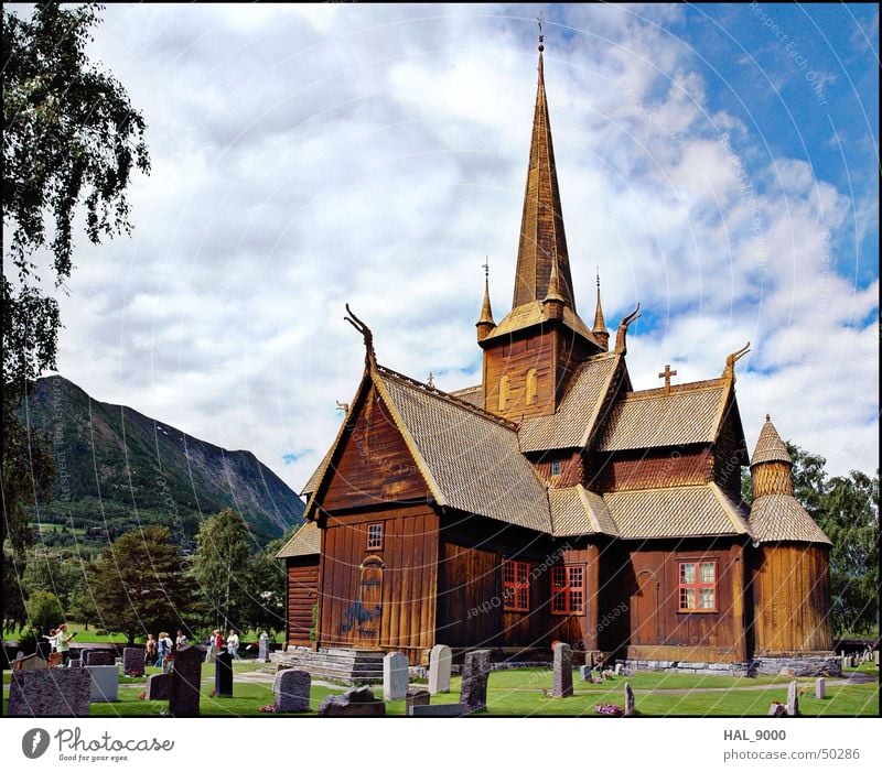 Stavkirke c Manmade structures Wood Clouds Grave Tombstone Grass Green Norway Scandinavia Historic Vikings Religion and faith Christianity Panorama (View) Roof