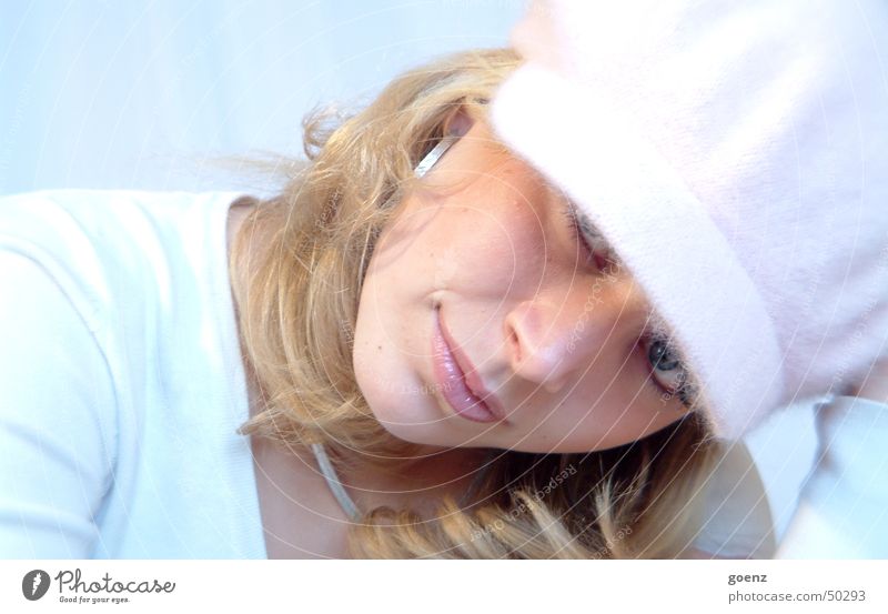 looked up Woman Beautiful Model Beauty Photography Blonde Pink Cap Soft Cold Delicate Face babe Earring expressive Eyes Mouth Blue Laughter