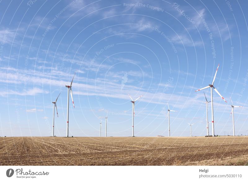 Wind turbines on a field in front of blue sky with clouds Wind energy plant Pinwheel wind power Renewable energy Energy industry Electricity Eco-friendly