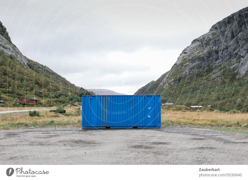 Landscape in Norway with mysterious blue container Container Blue Disturbance Closed locked Environment Nature surreal Disagreement Conflicting Metal Puzzle
