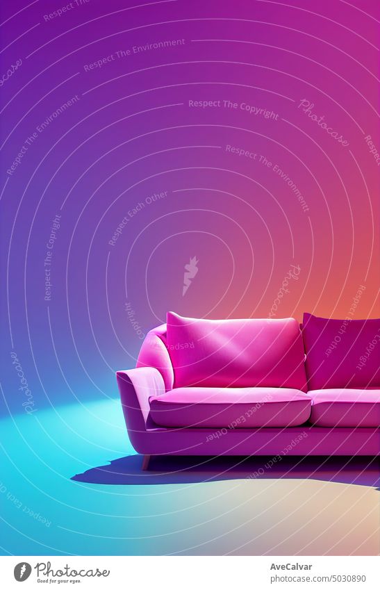 Background with copy space of a pink sofa in front of pink background on tall empty walls. comfort comfortable contemporary couch elegance elegant expensive