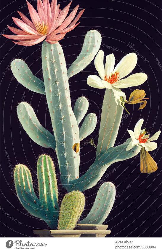 Floral realistic painting of a bunch of cactus flowers on dark background, moody botanical concept. illustration desert mexico watercolor art cartoon element