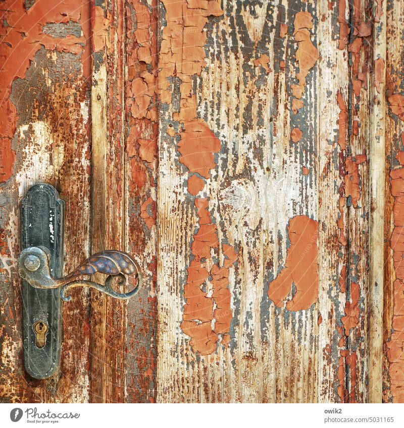 journey through time door Old Abrasion Ravages of time Closed Wood Painted Long shot Exterior shot Canceled Colour Detail Trashy disparate Paintwork Keyhole