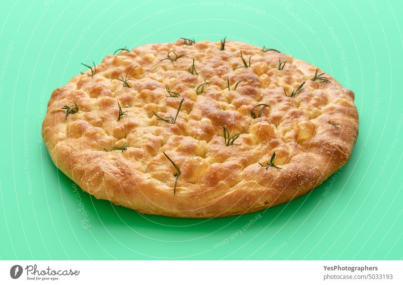 Homemade focaccia minimalist on a green background appetizer baked bakery bread brunch close-up color crumb crust cuisine delicious details flat flour food