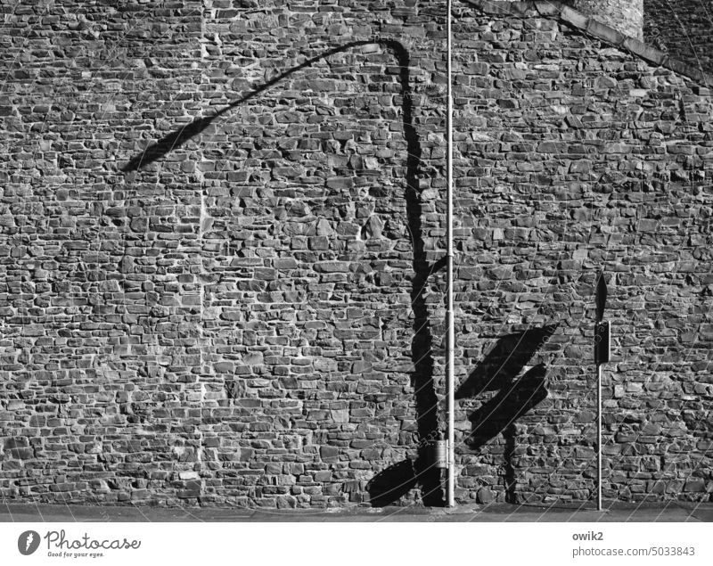 under the lantern Wall (barrier) Stone wall Tall Gray Lantern Light pole Shadow Black & white photo Contrast Facade Deserted Day Exterior shot Wall (building)