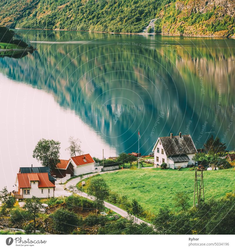 Scandinavian houses on shore of the narrowest fjord in Norway - Naeroyfjord. scandinavian green village outdoor view beautiful natural architecture water travel