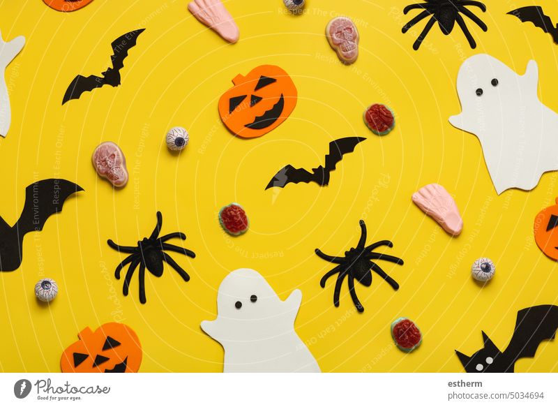 Happy Halloween. Top view of creative pattern made of decoration Halloween party. Halloween concept background halloween halloween pumpkin witchcraft orange