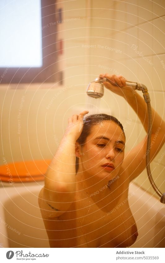 Young lady washing hair in shower woman shower head pour wet hair clean water hygiene bathroom pure tranquil female sensual touch hair peaceful bathtub routine