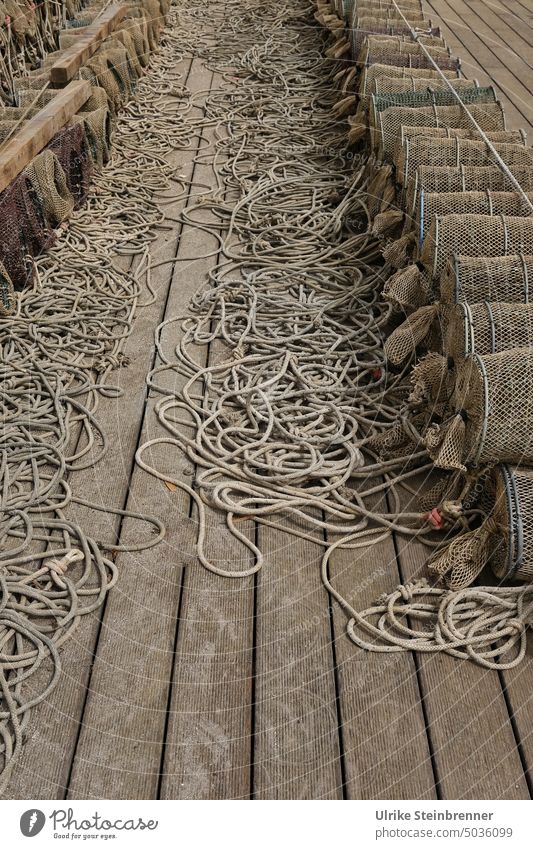 Fish traps and lines on wooden plank Linen ropes Fuke fishing wooden walkway Wood planks Footbridge Dry Sardinia Fishing net Net Fishery Harbour Fishing port