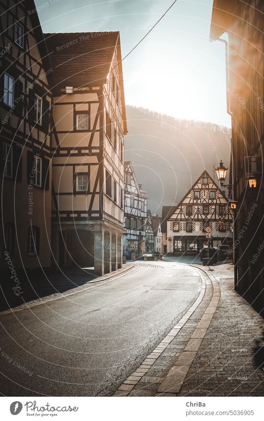 Half-timbered road on the Swabian Alb in late summer sunset Half-timbered house Facade House (Residential Structure) Exterior shot Colour photo