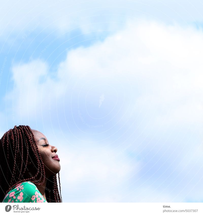 Woman with braids enjoying the sun feminine Sky Closed eyes Profile To enjoy Dress Clouds be comfortable Dream Feminine Relaxation Long-haired portrait