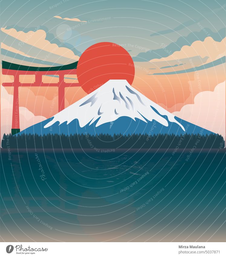 sun and mountain in japan cloud background sunrise fuji poster japanese vector modern spring new year landscape volcano dawn asia famous paper fog illustration