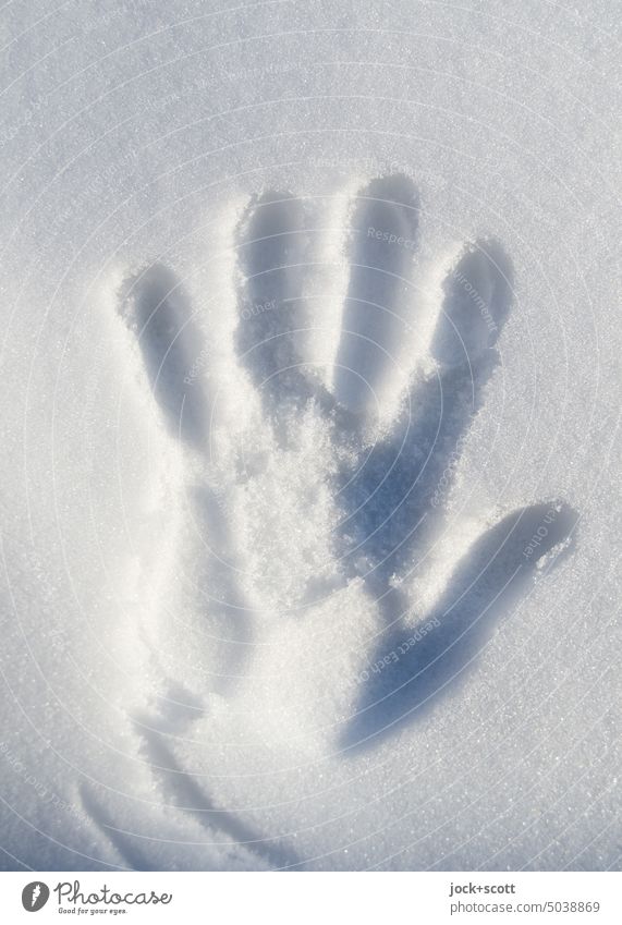 Handprint in freshly fallen snow handprint Snow layer Cold White Winter mood Simple cold hand Silhouette Background picture Imprint Shadow Sunlight