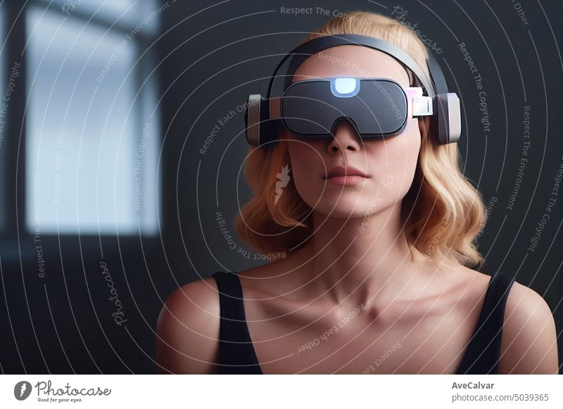 A blonde woman. wearing VR headset to explore the future metaverse. Connection concept, copy space person technology horizontal indoor virtual looking young