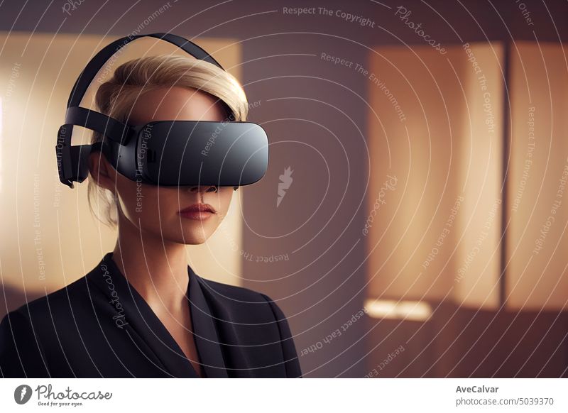 A blonde woman. wearing VR headset to explore the future metaverse. Connection concept, copy space person technology horizontal indoor virtual looking young