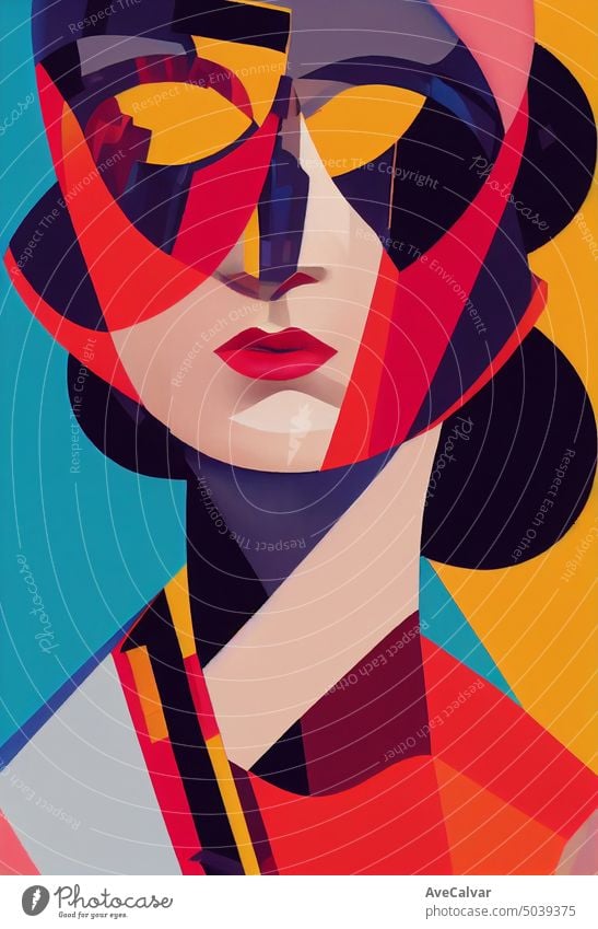 Geometrical illustration of a woman in multiple colors, the future is woman art style. person female geometry lady geometric abstract business face hair modern