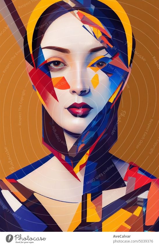 Geometrical illustration of a woman in multiple colors, the future is woman art style. person female geometry lady geometric abstract business face hair modern