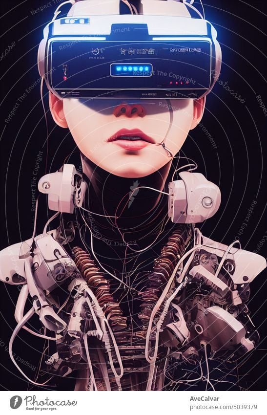 Cyborg girl with virtual reality headset, lot of cables,tubes,screws,slots, probes, AI Generated Art person cyber cyborg future futuristic gamer art portrait