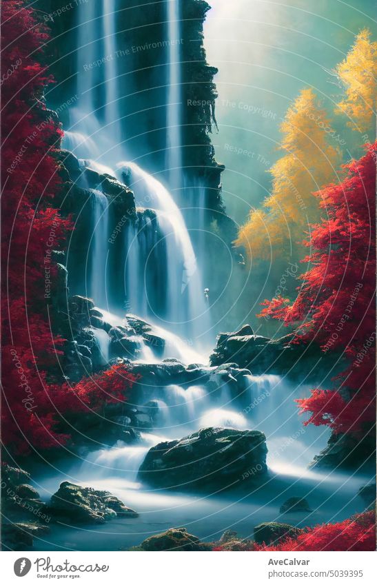 A massive cascading waterfall into a calm aqua pebble stream,forest with red leaves.ai generated ART illustration artwork fairy fairy tale fantastic fantasy