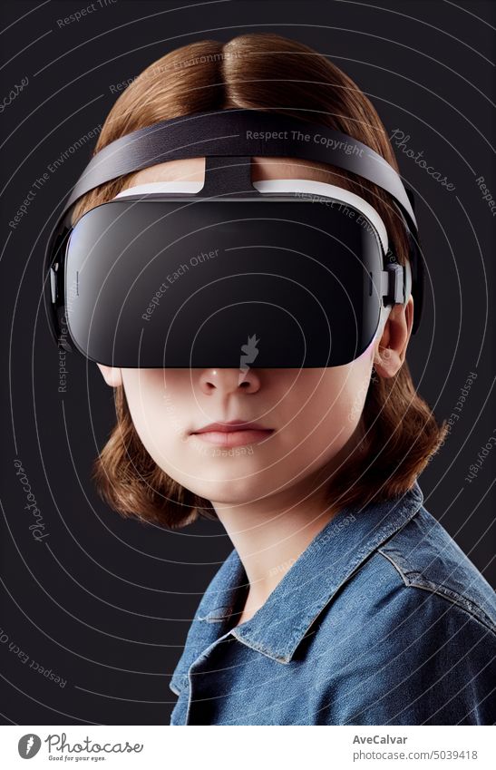 Young woman wearing VR headset, studio portrait, cinematic light. modern life, technology entertainment goggles horizontal indoor innovation one person reality