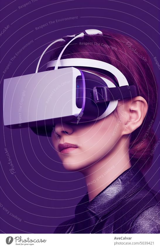 Young woman wearing VR headset, studio portrait, cinematic light. modern life, technology entertainment goggles horizontal indoor innovation one person reality