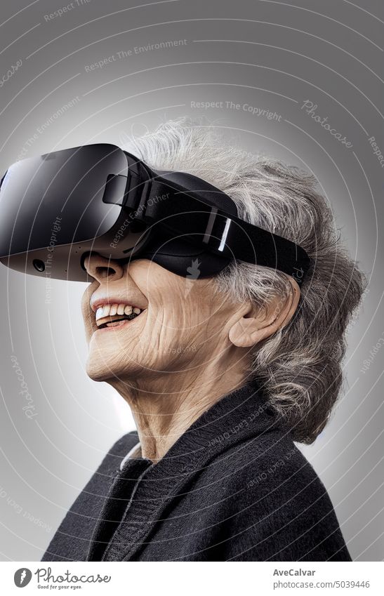 Old woman grandmother wearing VR headset, studio portrait, cinematic light retirement person technology comfortable futuristic online senior virtual female home