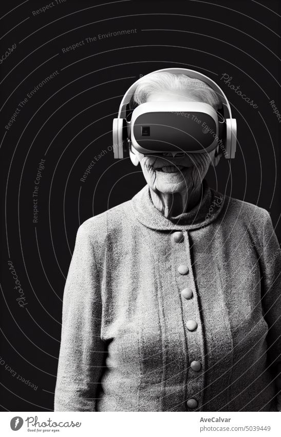 Old woman grandmother wearing VR headset, studio portrait, cinematic light retirement person technology comfortable futuristic online senior virtual female home