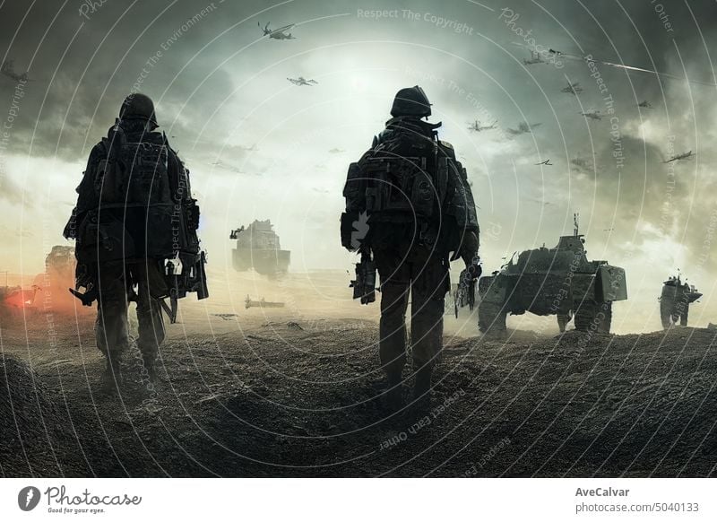 An epic battlefield during the post-apocalypse. Cinematic Dramatic Futuristic Fantasy..Cruel war scenes, digital painting.AI Generated Art force soldier action