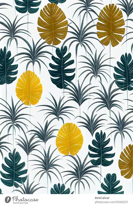 Tropical floral colorful pattern, green leaves with details, copy space mockup illustration artwork brazil california fashionable feminine hawaii jungle