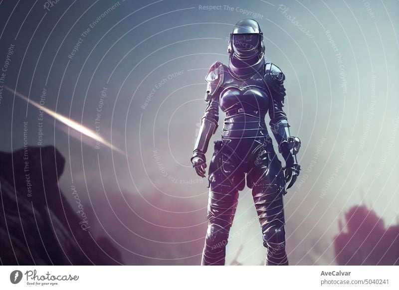Epic shot action film portrait of female knight wearing futuristic
