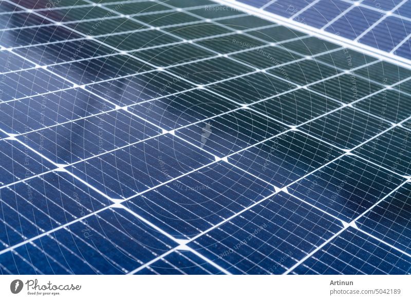 Selective focus on solar panels or photovoltaic module. Solar power for green energy. Sustainable resources. Solar cell panels use sun light as a source to generate electricity. Photovoltaics or PV.