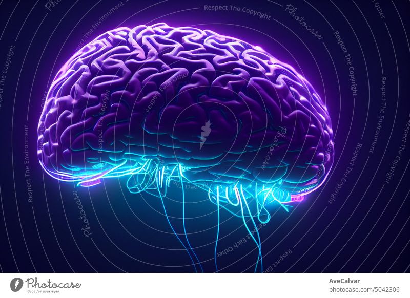 Detailed illustration of a brain synapsis up close, neon lights, blue and purple colours, medical concept. human idea science anatomy biology learning organ