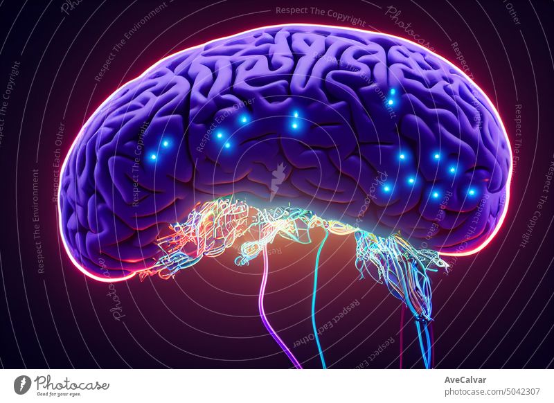 Detailed illustration of a brain synapsis up close, neon lights, blue and purple colours, medical concept. human idea science anatomy biology learning organ