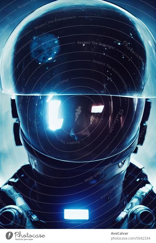 Epic action film portrait Dark Futuristic astronaut with translucent bubble on head.AI Generated Art fiction star cinematic fantasy futuristic galaxy moon