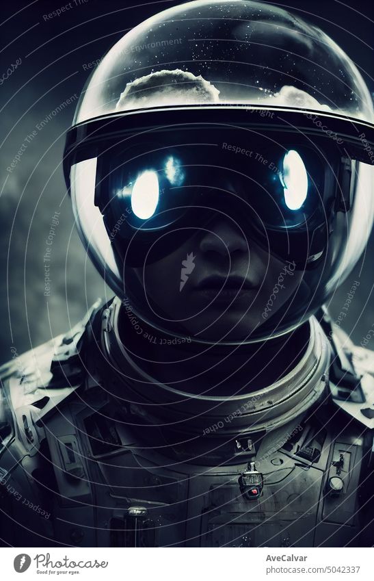 Epic action film portrait Dark Futuristic astronaut with translucent bubble on head.AI Generated Art fiction star cinematic fantasy futuristic galaxy moon