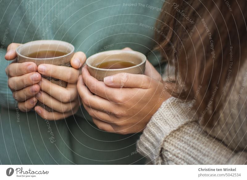 Friendship | drinking a cup of tea together hands Common ground hot tea warming To hold on teacups Hot drink in common Warm up chill cold season Winter Autumn