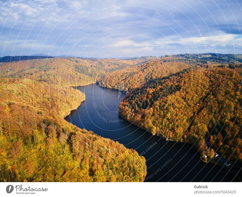 Autumn landscape with mountains and river, aerial top view autumn nature fall yellow season aerial view background sunny park lake national water sky summer