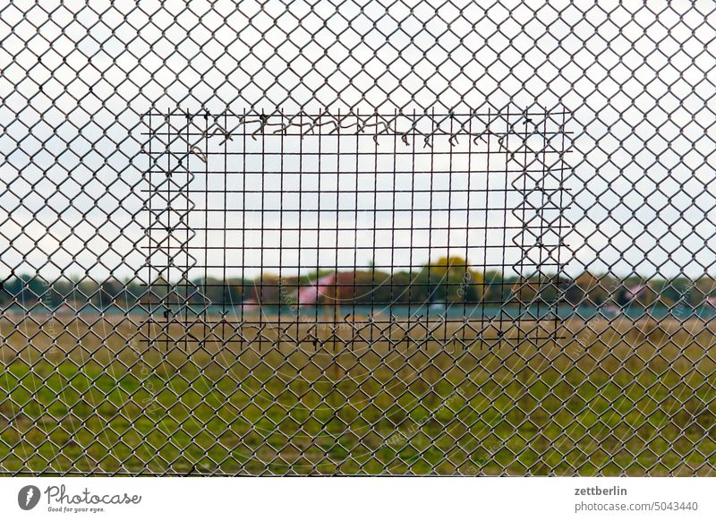 Mended fence around Tegel airport Berlin Far-off places Trajectory Airport Airfield Spring Sky Horizon Deserted taxiway Skyline Summer Copy Space hazy wide