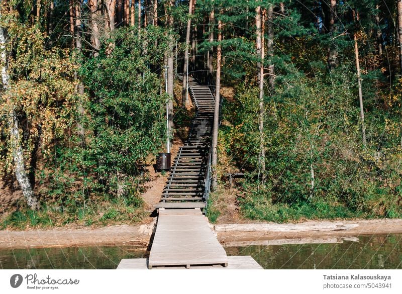 Wooden staircase descending to a wooden pier on Lake Baltieji Lakajai in Labanoras Regional Park, Lithuania Autumn Landscape stairs path footpath Scenery