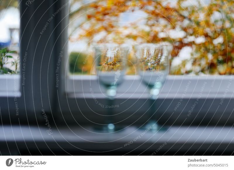 Two wine glasses in front of the window act like lenses in which a view of autumn leaves is focused Glasses foliage Autumn leaves Window Window frame Looking