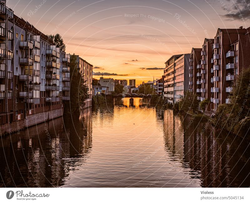 Sunset at south channel Hamburg Channel South Channel Apartments Orange rented apartment High-rise Bridge Evening reflection Balcony