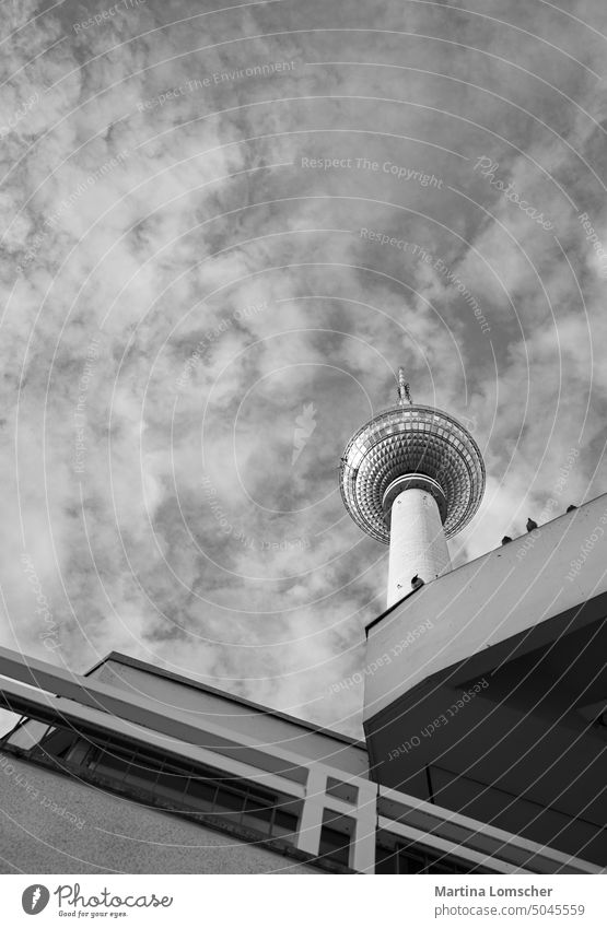 Television tower in Berlin Black & white photo Structures and shapes Force up Free space Free space above Steel Concrete Glittering Sky Copy Space top